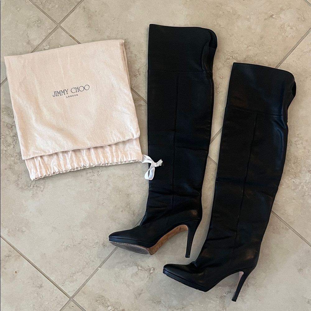 Jimmy Choo Black Leather Over the Knee Boots 36.5